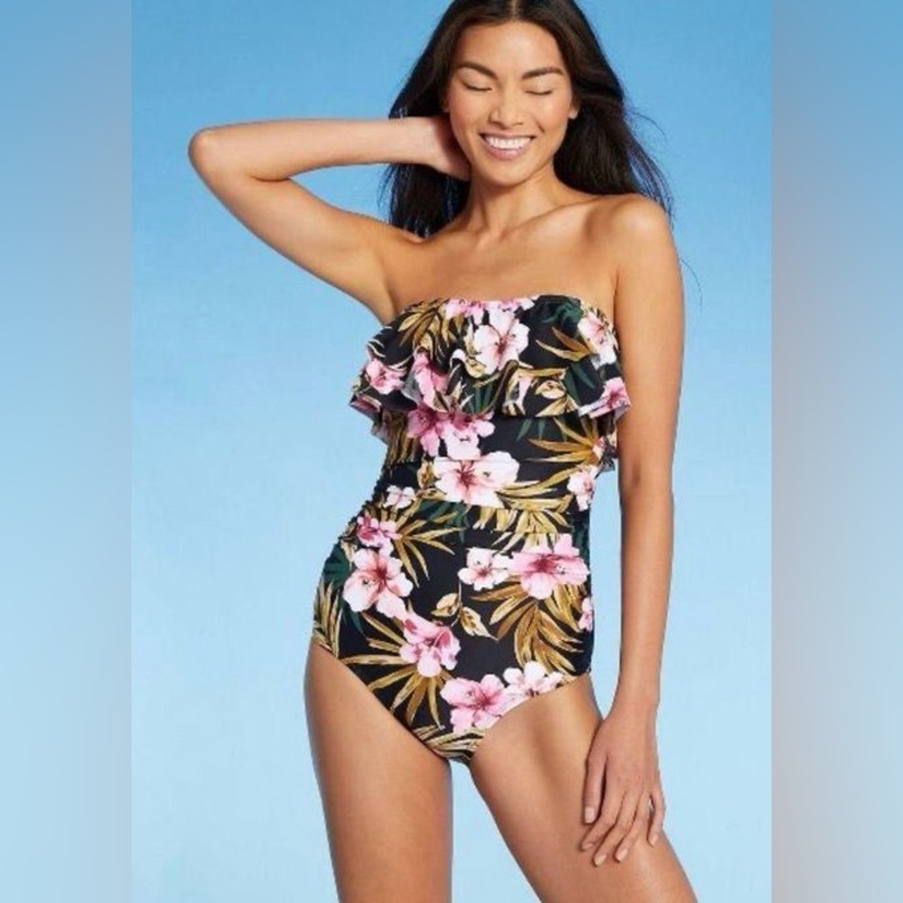 Kona Sol Floral Strapless Ruffle One Piece 14 W